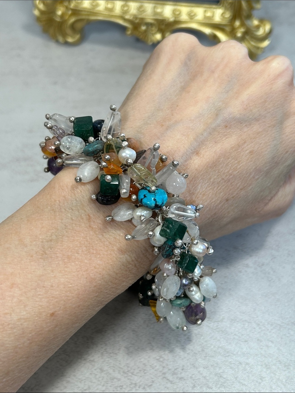 Multicolor Gemstone Cluster 925 Sterling & Freshwater Pearl Bracelet